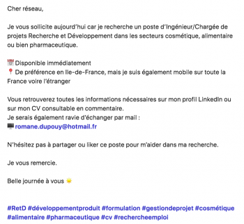 exemple d'un post de recherche d'emploi ingénieur R&D