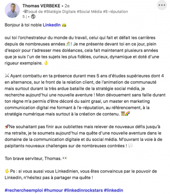 exemple de texte pour un post de recherche d'emploi